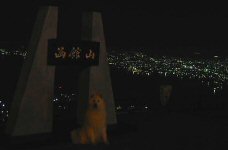 函館山の夜景をバックに